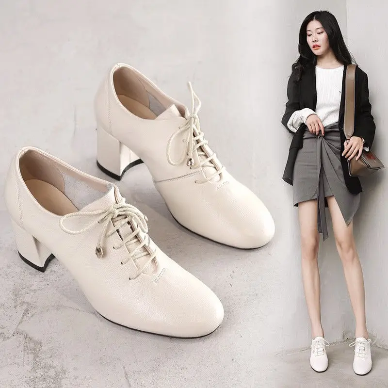 FHC NEW Deep Single Shoes,Women Mid Heels,Pointed toe,Lace-up,British Style,Female Footware,Black,Beige