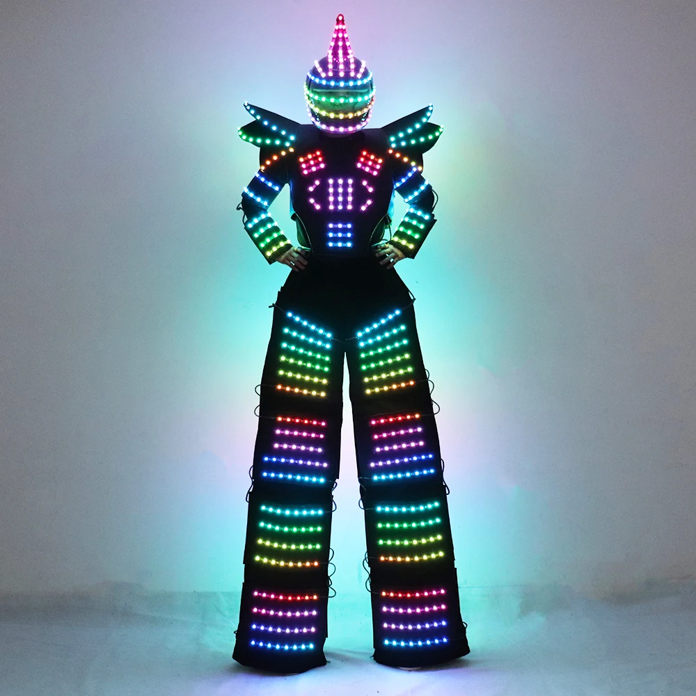 Full Color Pixel LED Robot Costume Clothes Light Up Stilts Walker Clothing Helmet Laser Gloves LED Luminous Jacket Suit