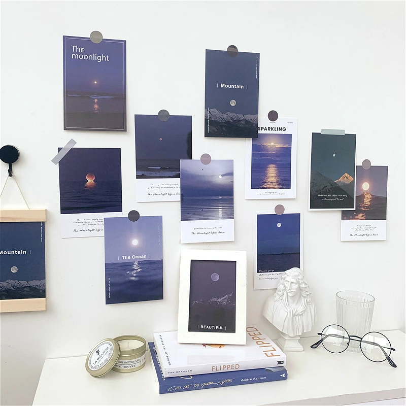 15Pcs moonlight Decoration Cards Art Postcard Simple blue ocean DIY Wall Sticker Photography Props Background Decor Stationery