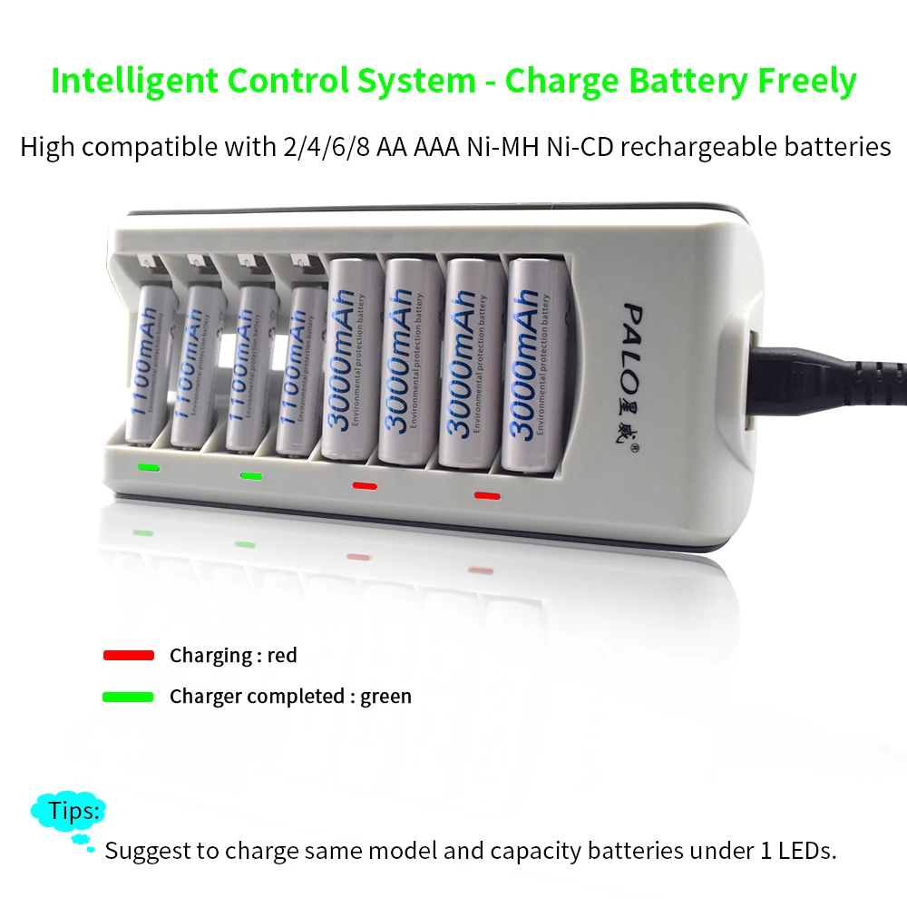 PALO AAA AA Battery Charger 8 Slots LED Indicator Light Smart Charger for 1.2v Ni-MH Ni-CD Rechargeable AA AAA Battery
