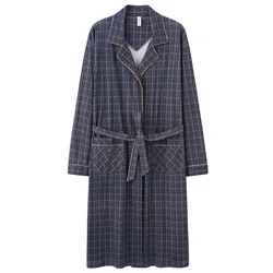 Autumn Winter Bathrobe Men 100% Cotton sleep top Kimono Robes For Male Plaid Robes M-4XL Long Bath Robe Bride Robe Dressing Gown