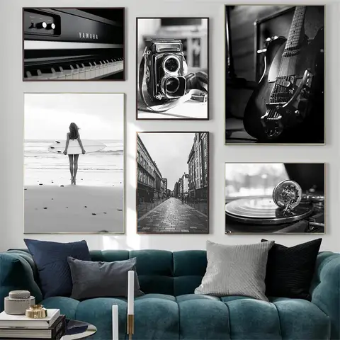 Black White Guitar Piano Camera Poster Beach Surf Girl Wall Art Paintings Street Vintage Print Nordic Wall Pictures Home Decor