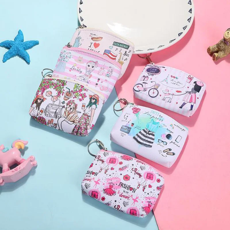 1pc Cartoon Women Girl Printing Mini Portable Bags Fashion Coin Purse Card Holder Wallet Key Pouch Make Up Cartoon Bag