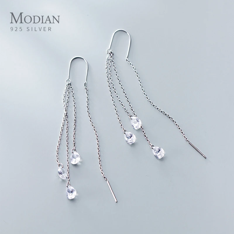 Modian Modny ślubny kolczyk dla kobiet 925 Sterling Silver Olśniewający CZ Długi łańcuch Tassel Water Drop Dangle Earring Fine Jewelry