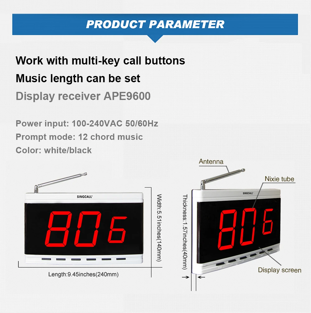 SINGCALL Wireless Calling System, Restuarant to Call Waiter Screen Display Receiver for Hotel, Cafe, Hookah