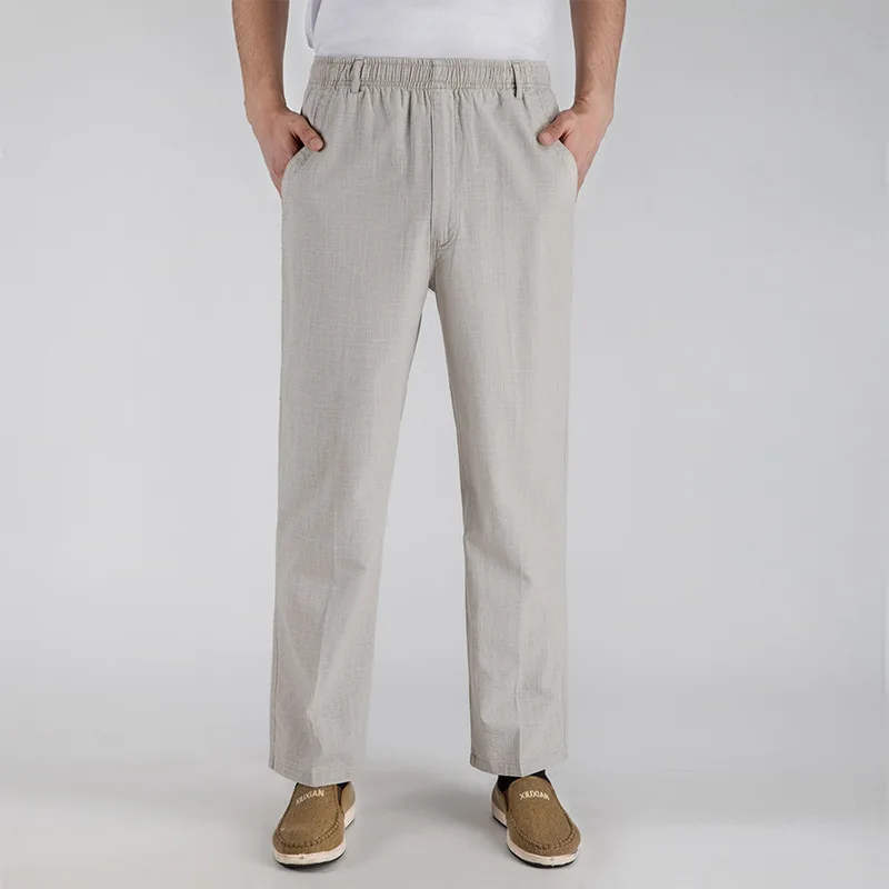 Pantalones de lino y algodón para hombre, pantalón holgado de cintura elástica, liso, talla grande 5XL