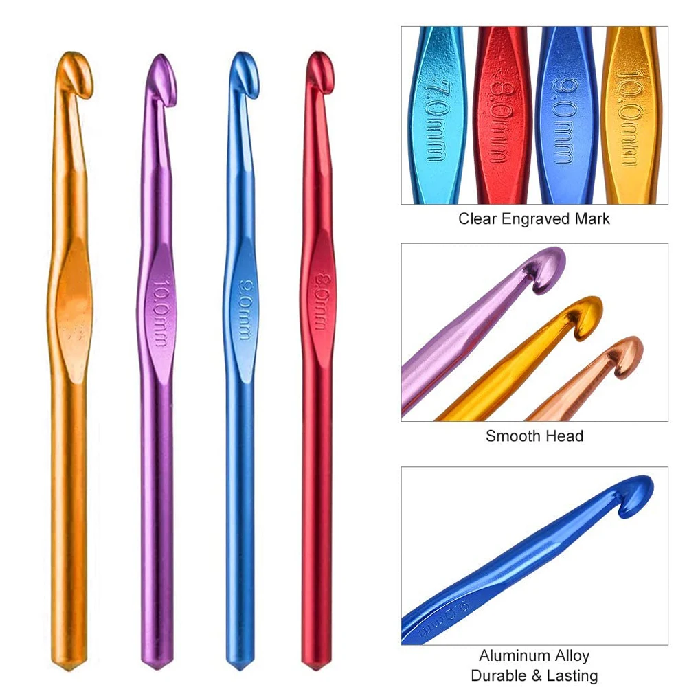 Aluminum Crochet Hook Set 7-10mm Knitting Needles Weave Needles with Large Eye Blunt Needles and Stitch Markers Knitting Craft