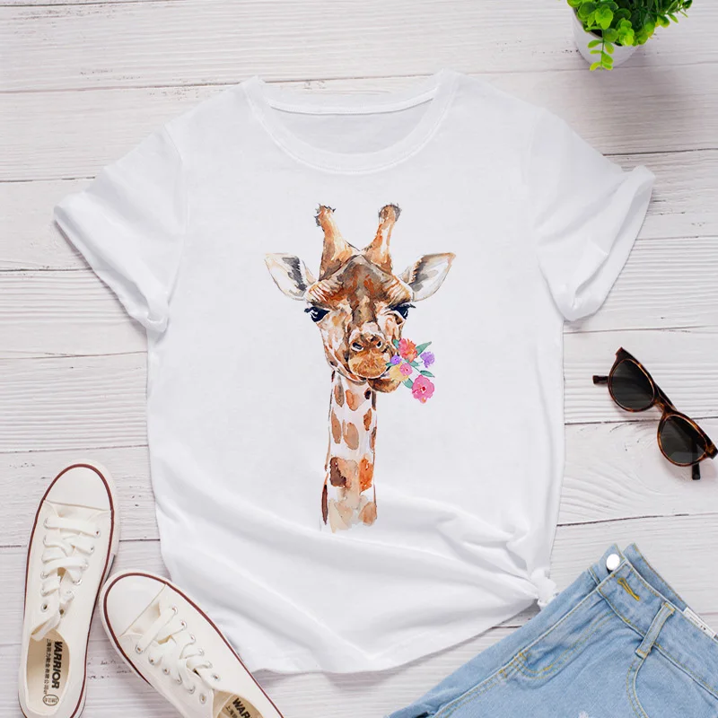 T-Shirt da donna Graphic Cartoon giraffa T-Shirt da donna T-Shirt con stampa estiva top Lady Clothes Womens Casual Tees maglietta femminile