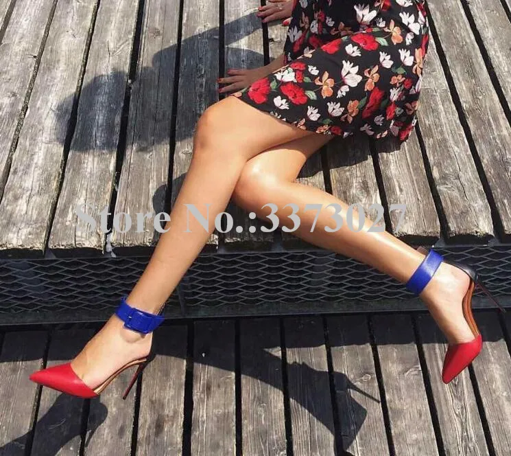 Real Photos Patchwork Ankle Buckle Stiletto Heel Pumps Sexy Mixed Color Pointed Toe Leather High Heels Dress Shoes Large Size