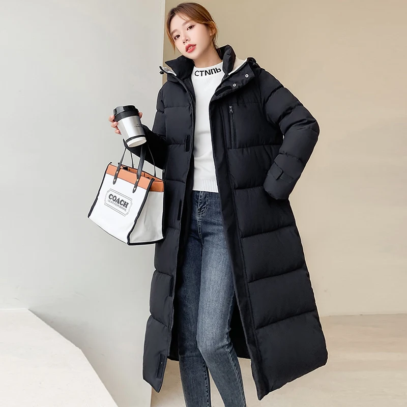 

X-Long Winter Women Thick Jacket Casual Hooded Cotton Padded Parkas for Female Solid Quilted Windbreaker Long Coat Outwear