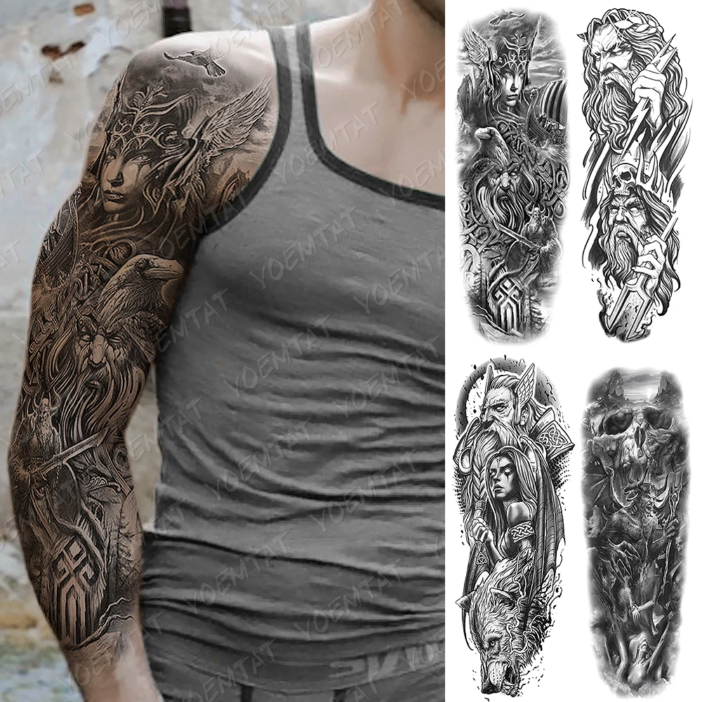 Faux tatouage temporaire étanche pour homme, autocollant Poseidon Bear Body Art, manches de bras larges, Z192., dieux, pluies, enfer, complet