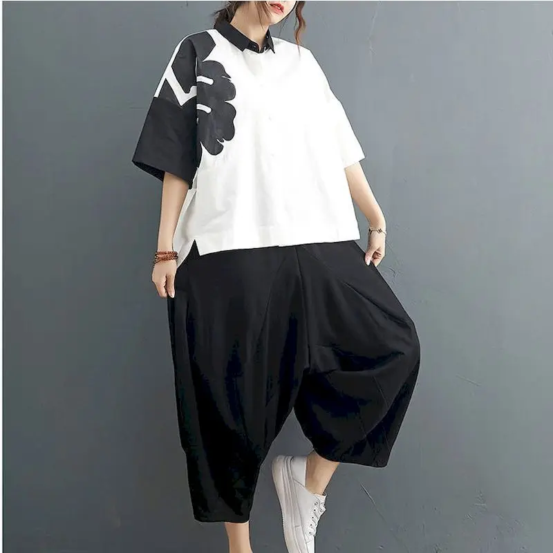 2024 Summer New Womens Suit Printing Fashion Suit Cotton Casual Short-sleeved Shirt Loose Wide-leg Pants Two Piece Set Oversized