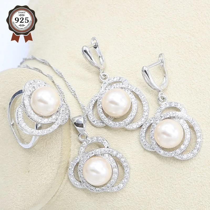 3 Colors Pearl 925 Silver Wedding Jewelry Set for Women White Gray Pink Earrings Necklace Pendant Ring Gift Box