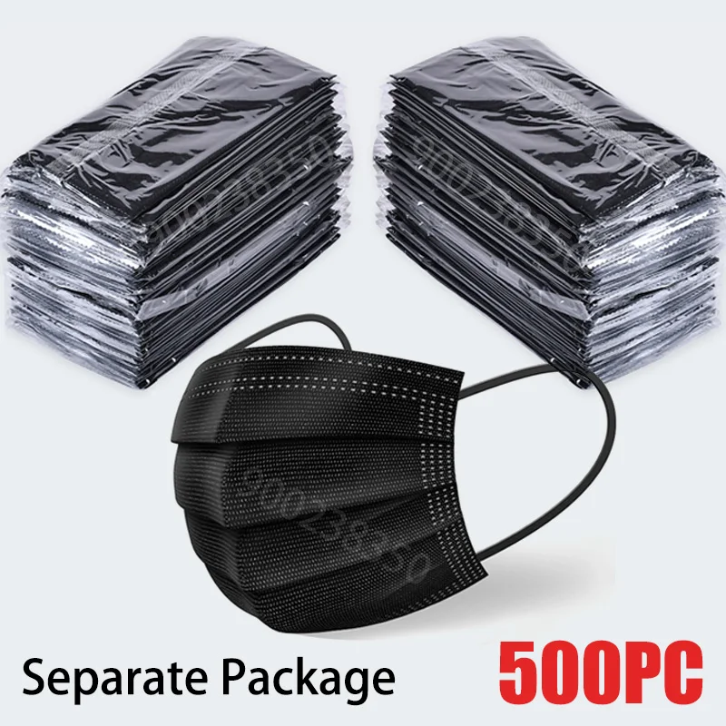 10/50/100/200/500pcs Mask Disposable Separate Package Black Face Masks Independent Packaging 3 Layer Ply safe Protective mask