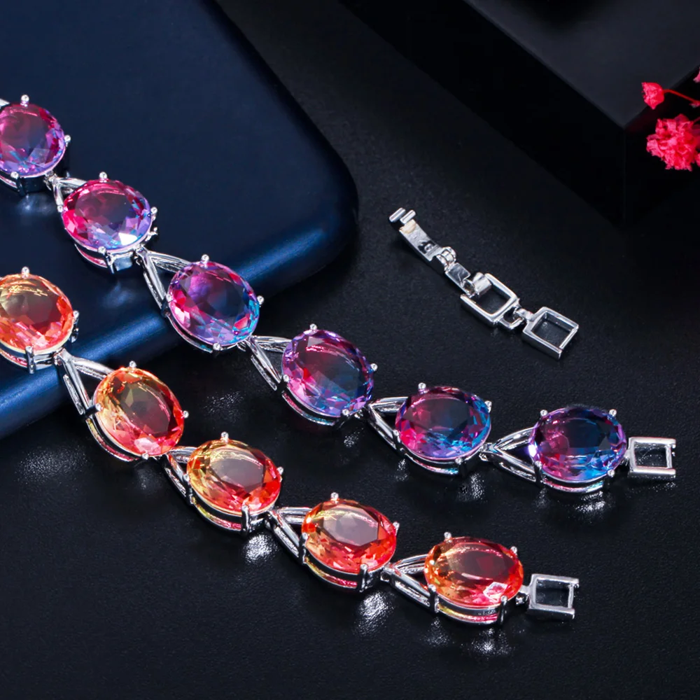 Pera Splendid Rainbow CZ Crystal Silver Color Oval Shape Link Chain Bracelets with Extension for Ladies Party Jewelry Gift B212