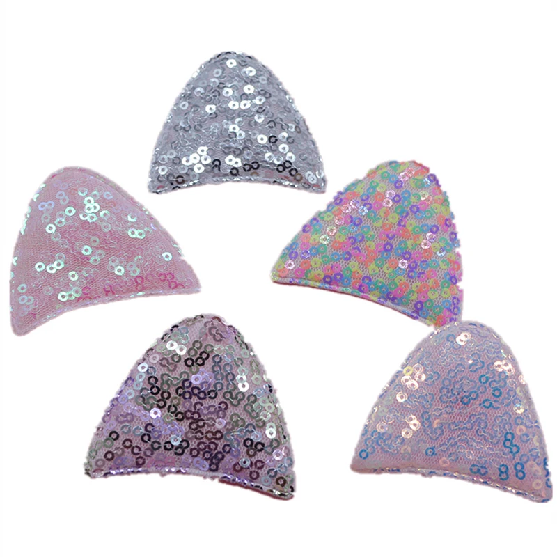 5.8*5.5cm 30pcs/lot Sequin cat Ear Padded Applique for DIY Children Hair Accessories, Appliques For Clothes Sewing Supplies