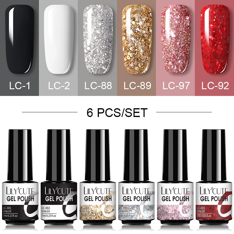 LILYCUTE 6Pcs Nail Gel Polish Set Semi Permanent Hybrid Gel Nail Varnish Matte Top Coat Soak Off UV LED Nail Art Gel