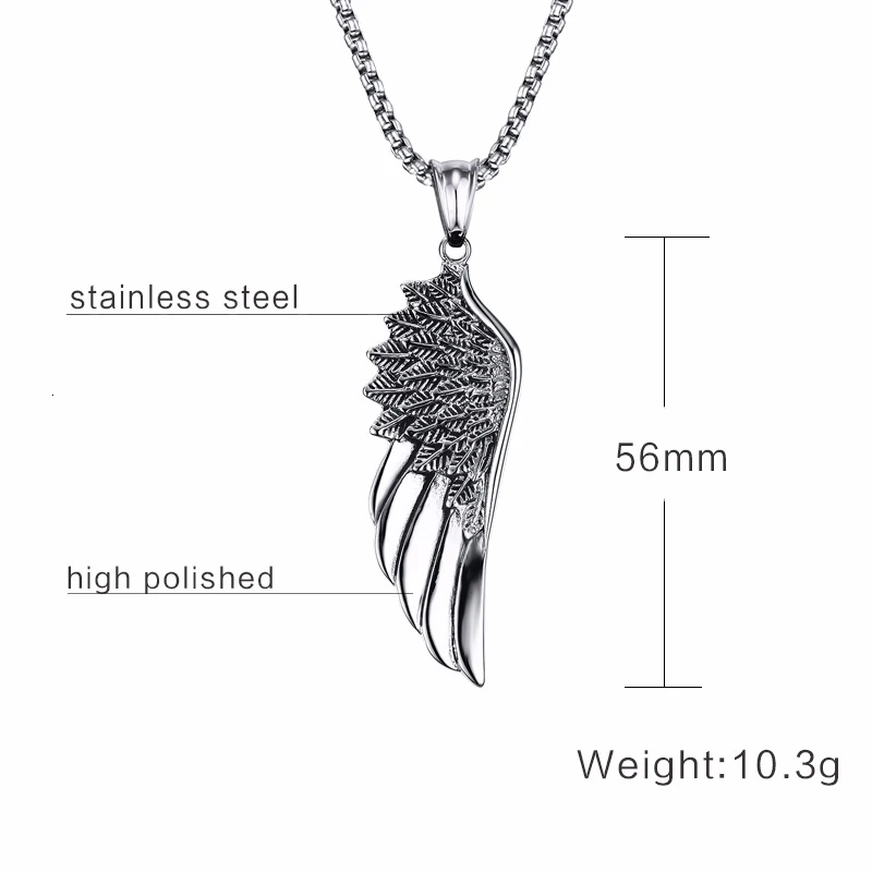 Men Pendant Necklaces, Gothic Vintage Angel Wings Feather Pendant Stainless Steel Necklaces. Man Jewely