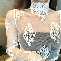 Gowyimmes Autumn Sweety Girl Floral Lace Shirt Sexy Women Hollow Out Mesh Blouse Lady Long Sleeve Blusas Basic Tops Pullover 476
