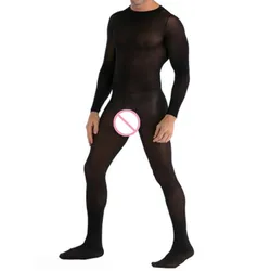 Body de manga larga sin costuras para hombre, ropa de dormir Sexy, lencería corporal sin entrepierna, pantimedias, ropa interior