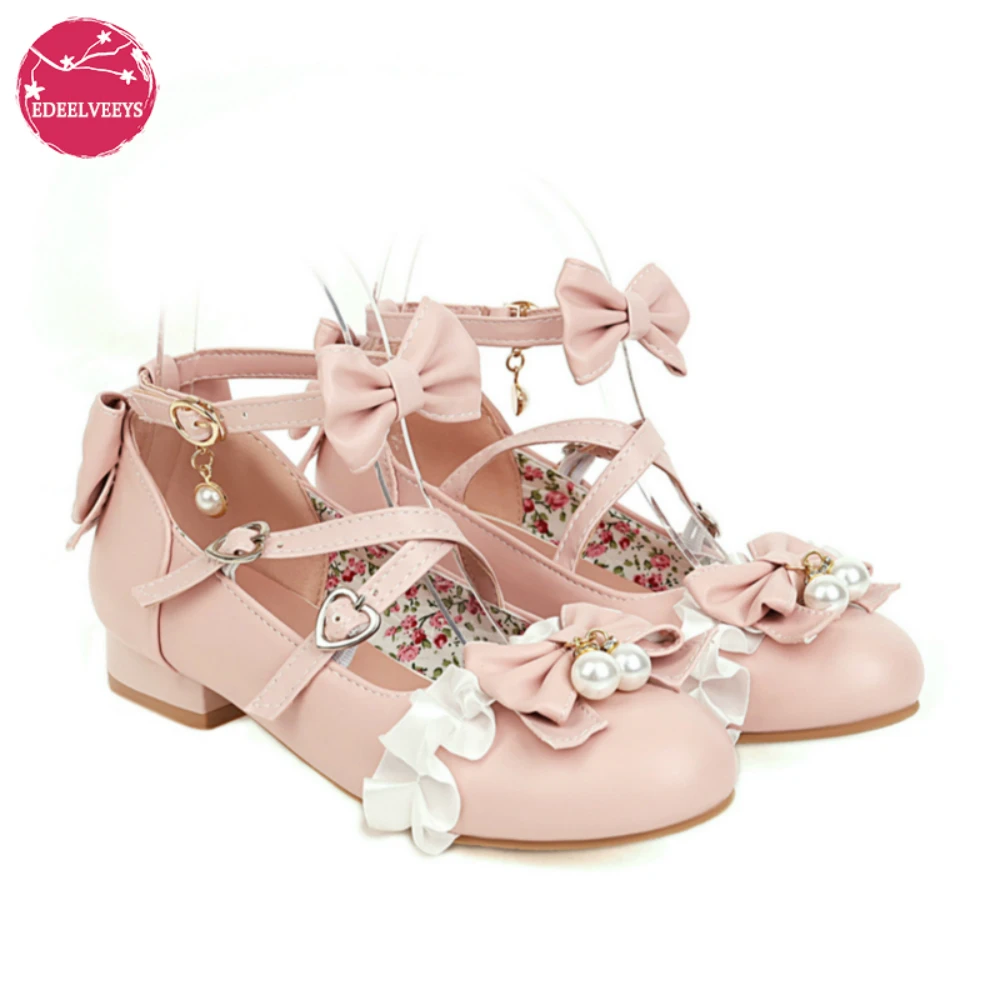 

Women Mary Janes Cute Lolita Shoes Classics Ladies Block Low Heel Ankle Strap Dress Pumps Bow Lace Round Toe Spring Summer 2021