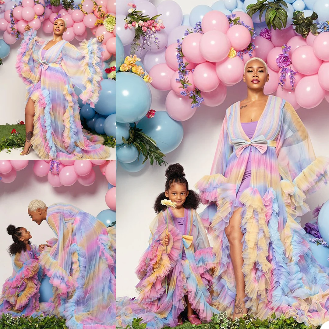 Colorful Ruffled Tulle Robe Pregnant Women Dress See Through Maternity Dress for Photo Shoot Prom Gown Robes Custom Made