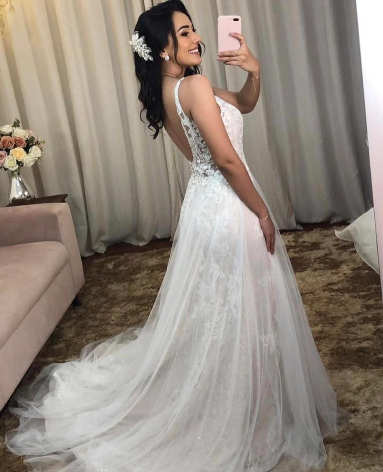 Vestido de casamento a linha tanque com decote em v rendas apliques lantejoulas sem costas tule até o chão trem varredura elegante vestidos de noiva novo