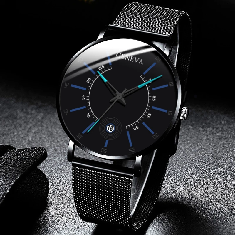 GENEVA Top Brand Luxury Watch Men Business Measuring Cool Calendar Thin Steel Mesh Band Quartz Watch Male Fashion Clock Relogio