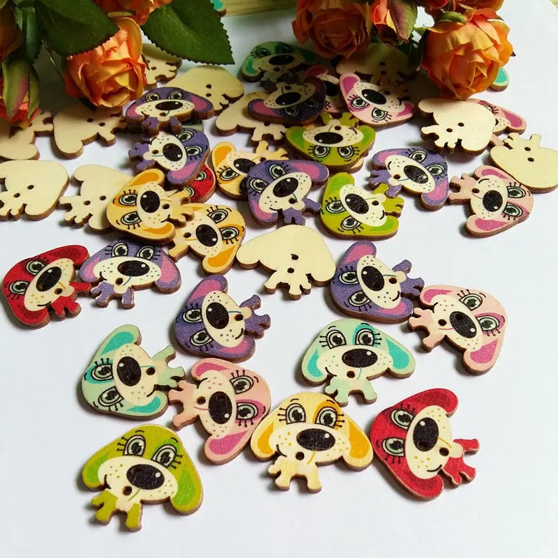 50Pcs/pack dog Buttons 2 Holes Mixed Wood Buttons for Crafts Sewing Scrapbooking Embelishmentsaccessories Scrapbook