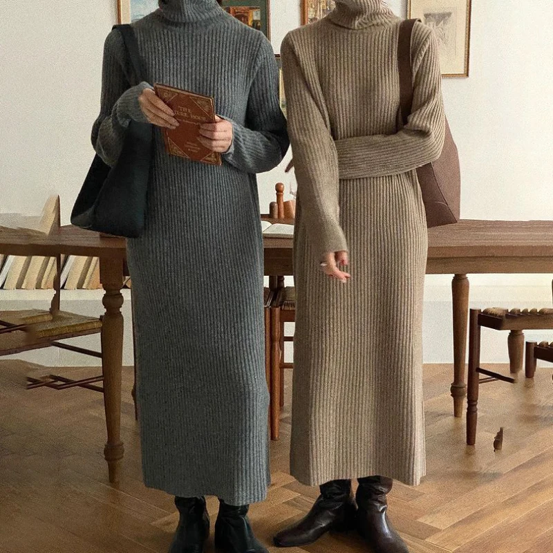 2022 Women Autumn Winter Turtle neck Knitted Long Sweater Dress Loose Basics Pullovers Jumper-Dresses