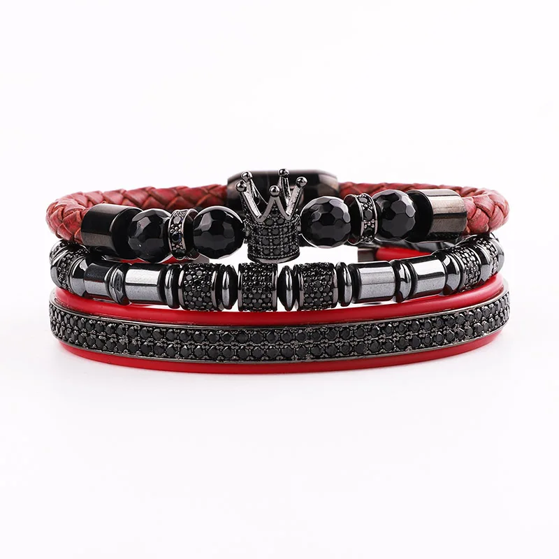 

New Design Luxury Men Jewelry Set Hematite Leather CZ Micro Pave Crown Charm Cuff Bracelet Bangle