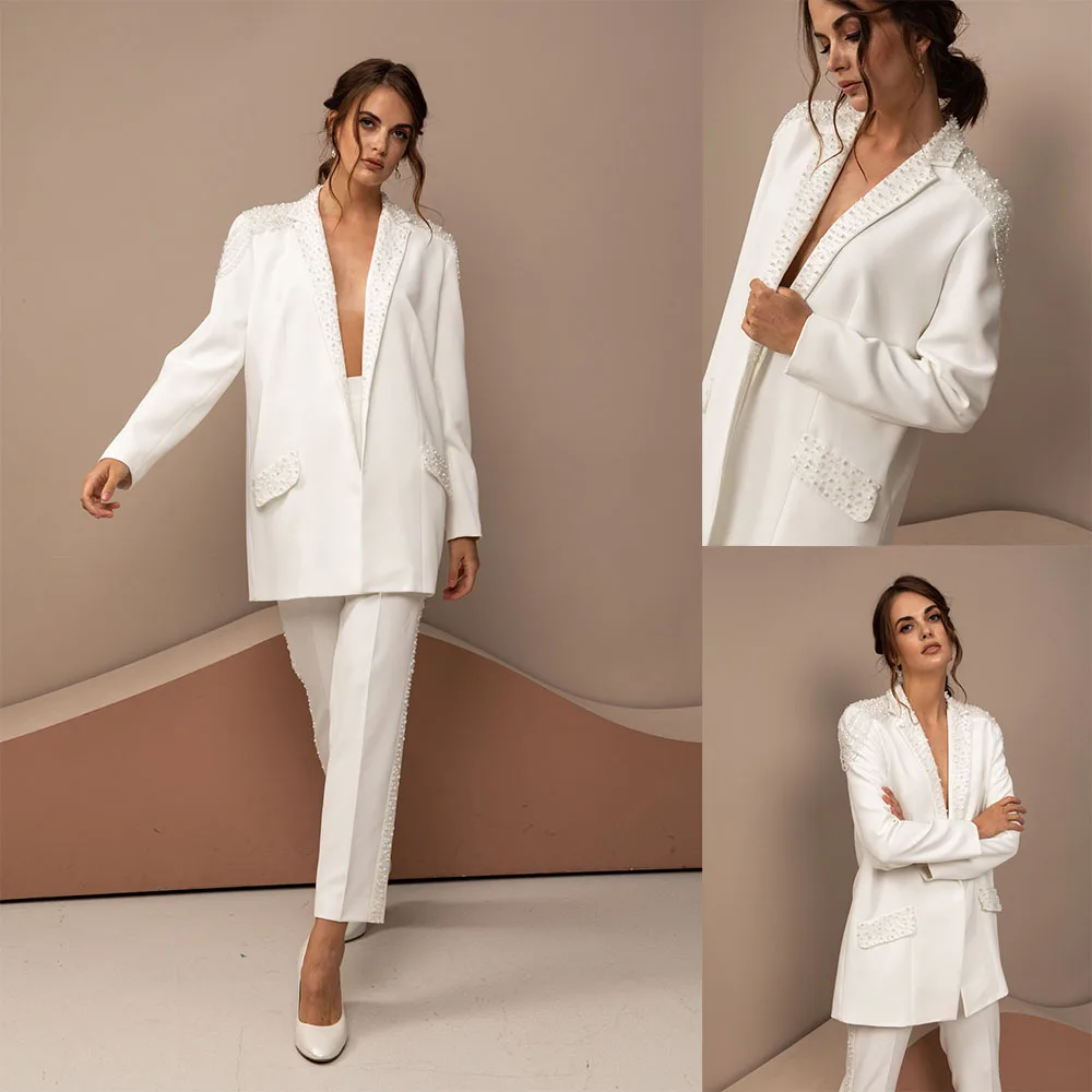 Pearls Beading Women Wedding Tuxedos Ladies Ivory Luxury Prom Evening Guest Formal Wear Custom Made Pants Suits (Jacket+Pants)