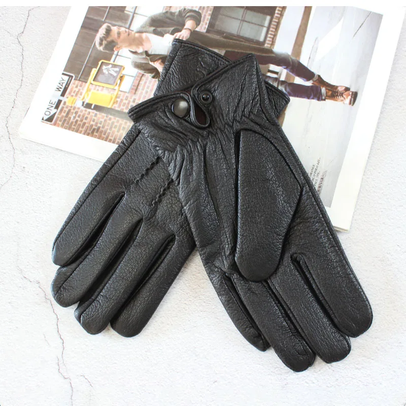 New deerskin gloves men\'s leather touch screen black corrugated plus velvet warm motorcycle riding driving gloves winter