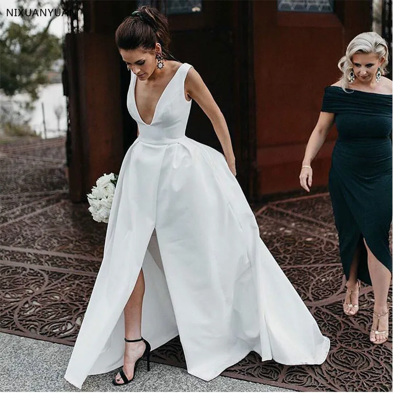 

Simple Sexy A-line Wedding Dresses Deep V-neck White Ivory Satin Wedding Gowns Front Split Custom Made Beach Bridal Dresses