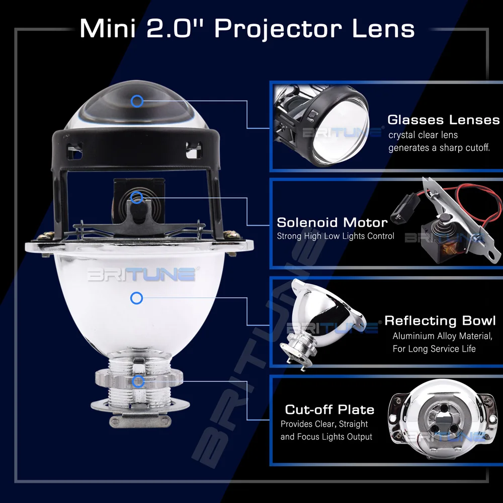 Britune Bi-xenon Lenses Mini 2.0 inch Projector Angel Eyes H4 H7 Headlight Lens H1 HID LED Light Bulbs Car Accessories Retrofit