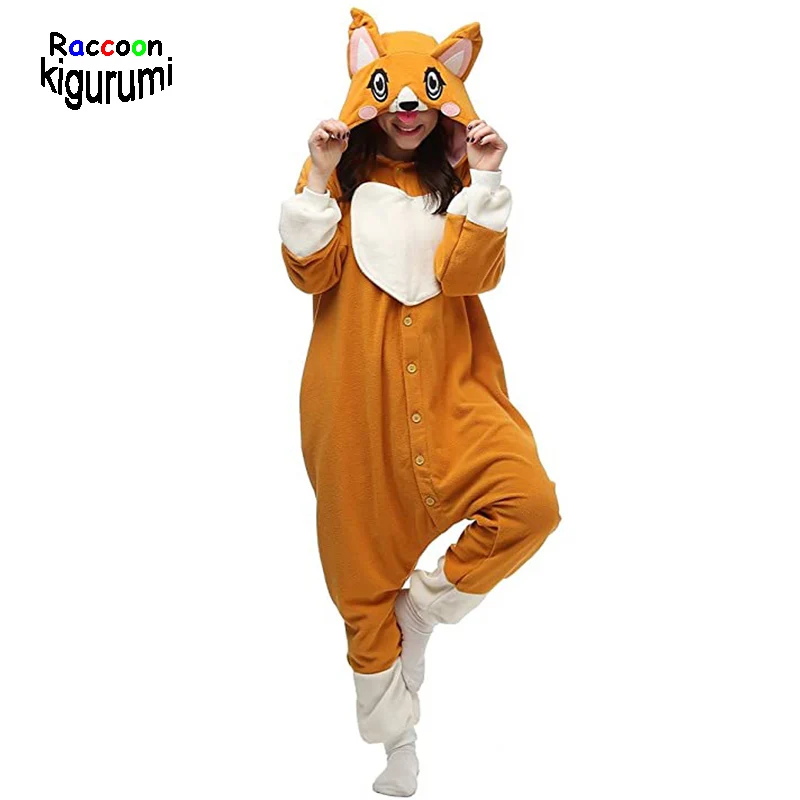 Adults Cute Big Eye Dog Women Cartoon One-Piece Pijama Suit Men Animal Onesie Fleece Couple Cosplay Pajama Raccoon Kigurumi