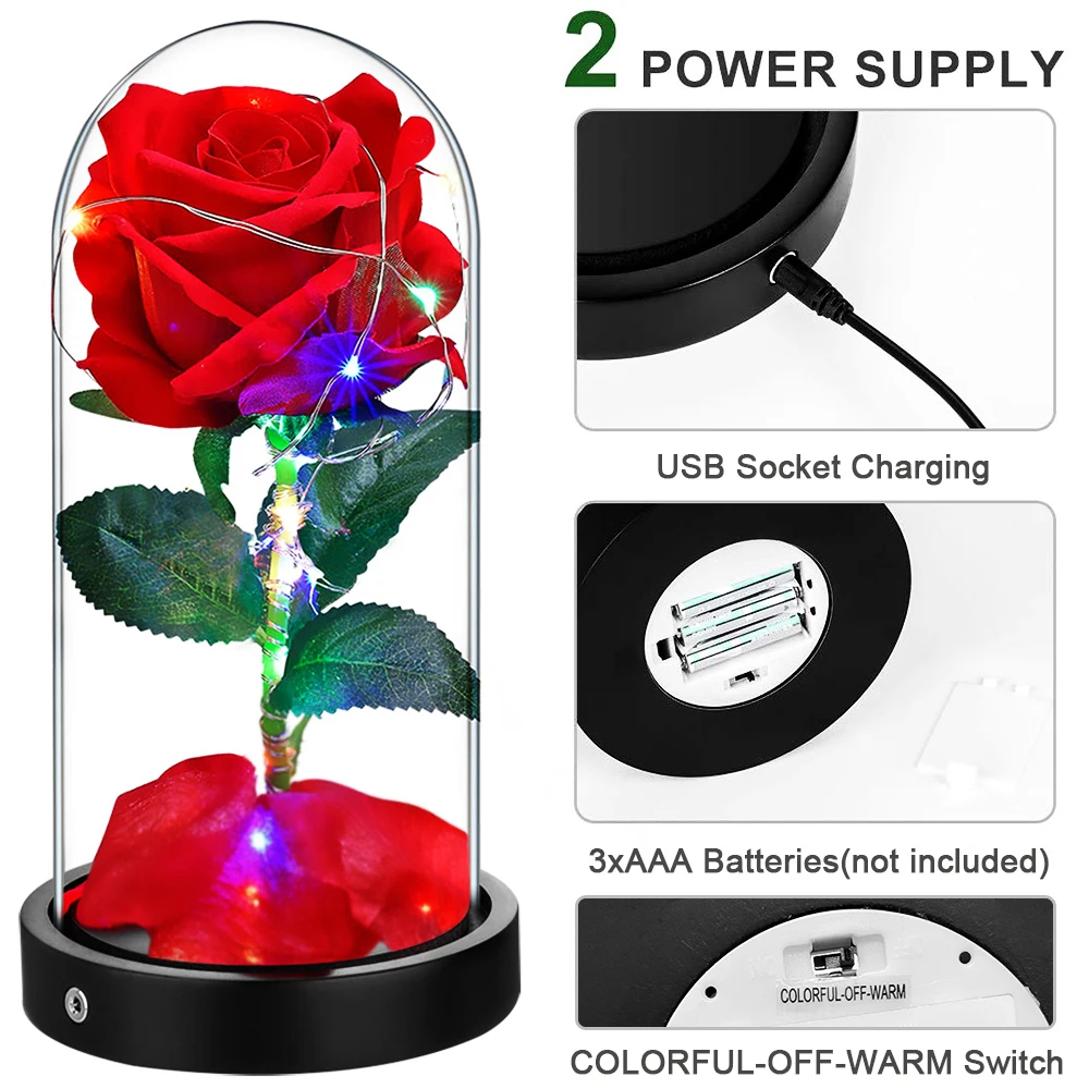 Beauty And The Beast Rose Kit USB Battery Rose in Glass Dome Valentine\'S Day Gift Colorful LED Lights Artificial Rose Flowers