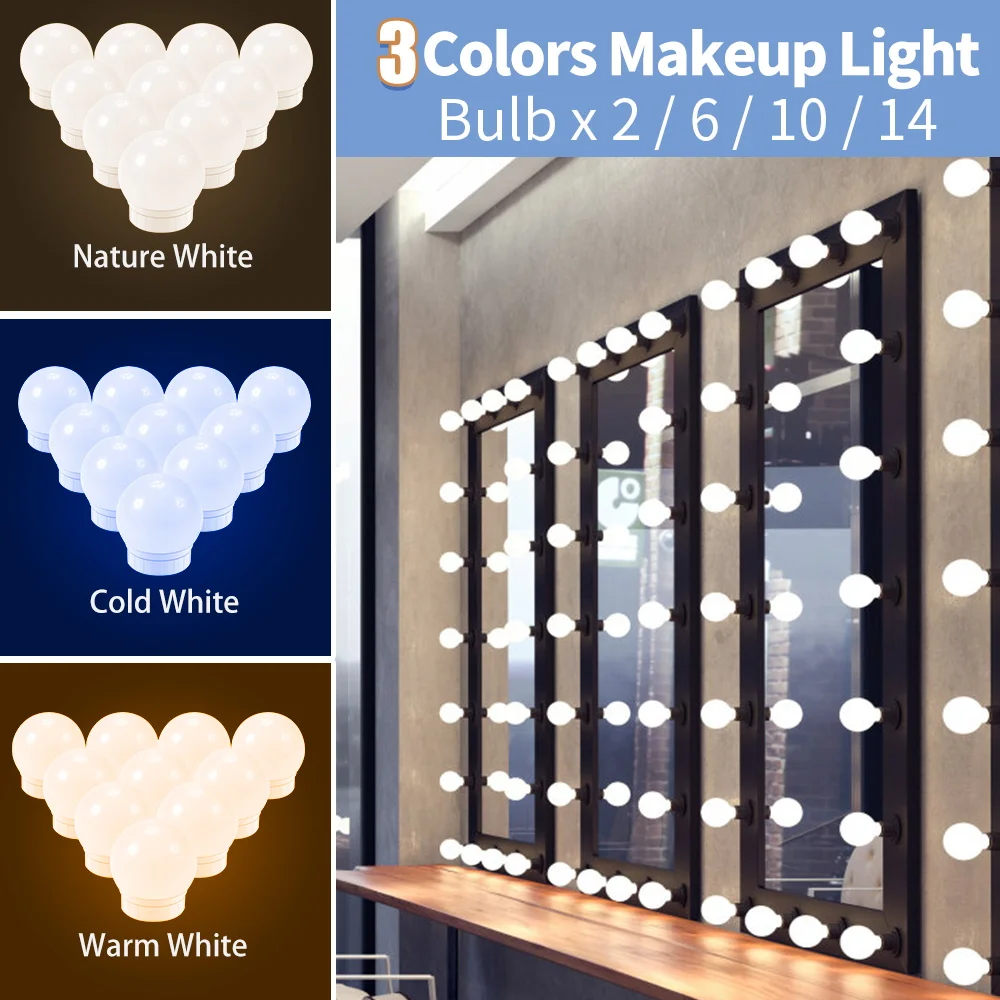 Hollywood Wall Lamp USB Cosmetic Light 12V Stepless Dimming 3 Colors 2 6 10 14 Bulb Dressing Table LED Vanity Mirror Light Bulb