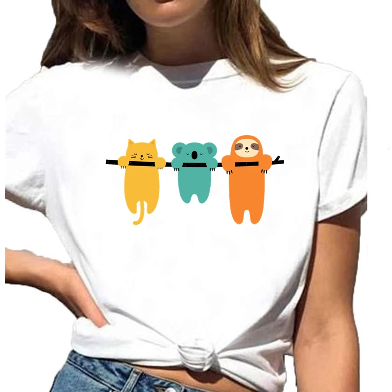 

Sloth,koala,Cat Pull-ups Print Funny Women tee shirt Summer Short Sleeve O-Neck Ladies t shirt