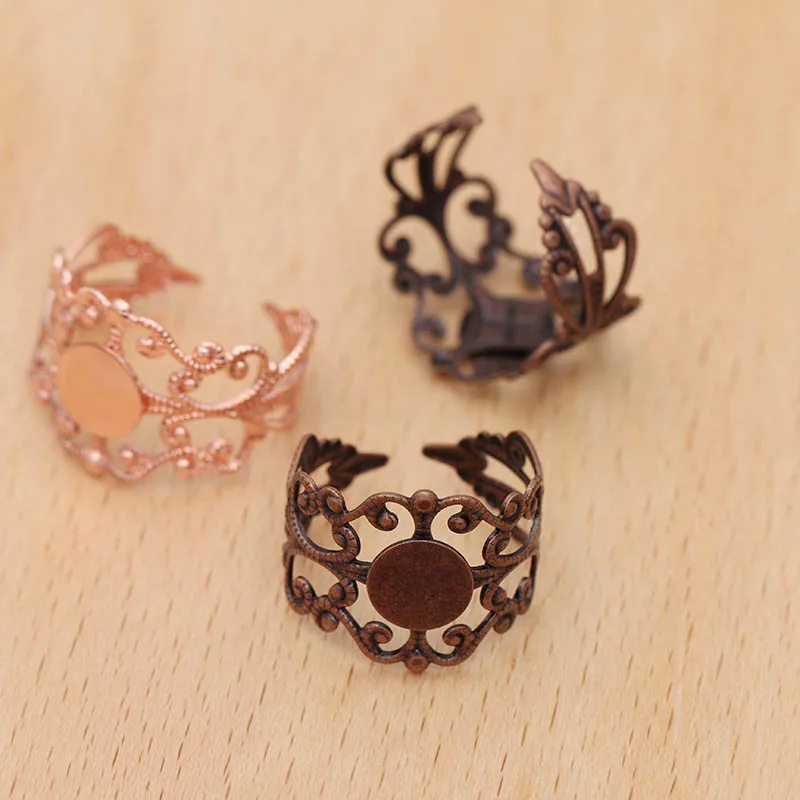 40pcs Retro Flower Adjustable Ring Settings Blanks with 8mm Flat Circle Glue Pad Cabochons Base Women Lady DIY Jewelry Findings