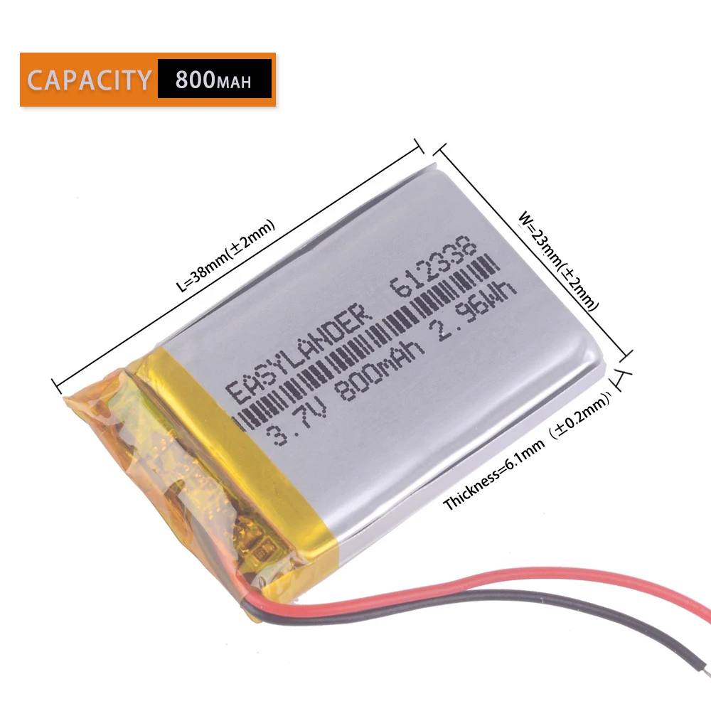 612338 3.7V 800mAh  Rechargeable Lithium Li-ion Polymer Battery For Millet GPS TEXET FHD-570   dvr-3gp Gmini HD50G HD70G 602338