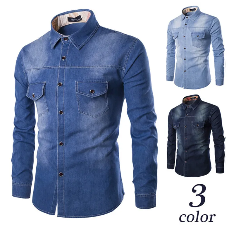 

Men's Washed Denim Shirt Long-sleeved Slim Lapel Shirt 2020 Spring and Autumn Designer European American Plus Size Jacket Coat