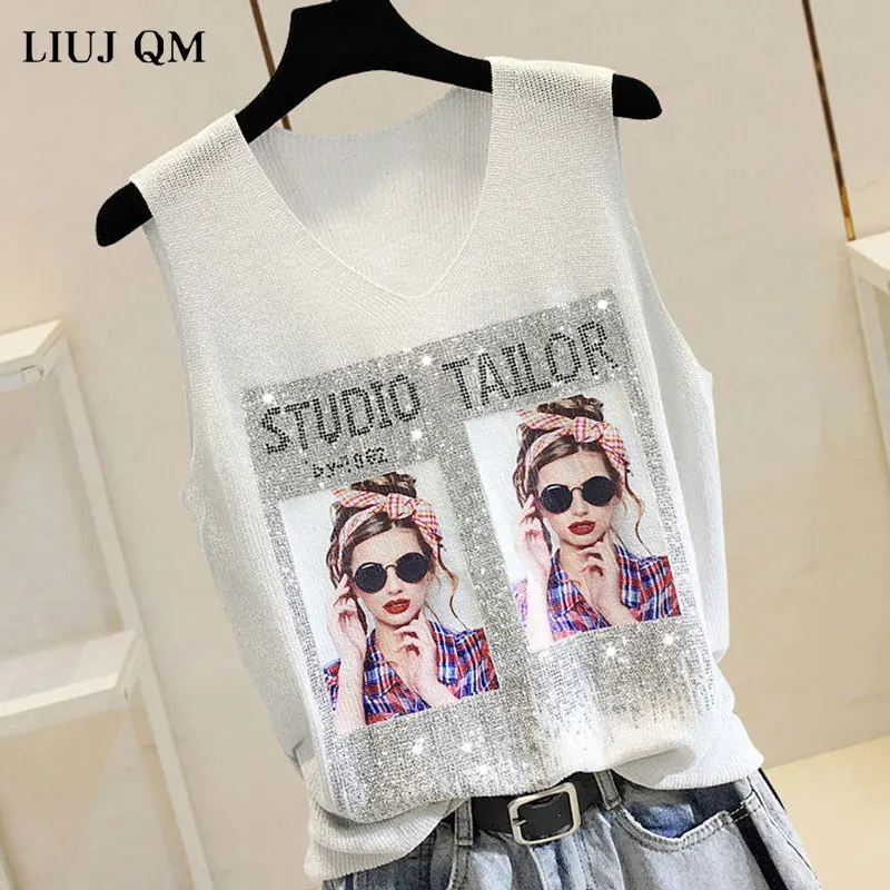 2024 Summer Tank Top Women Thin Bright Silk Knitted Shirt Women\'s Fashion Girl Rhinestones Sleeveless Vest Outwear Female Tops