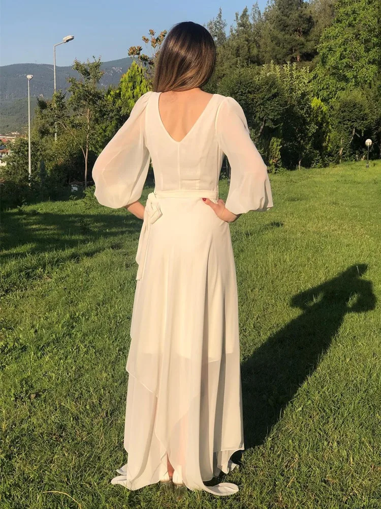 Elegant Simple V-neck Wedding Dress 2021 Sashes Chiffon Backless Three Quarter Sleeve Floor-Length Cheap Bridal Gown Custom Made