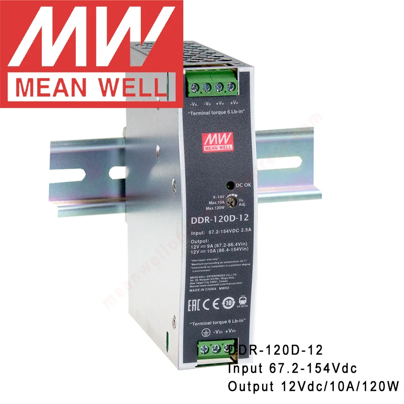 Original Mean Well DDR-120D-12 Din Rail Type DC-DC Converter meanwell 12V/10A/120W DC to DC Power Supply 67.2-154Vdc input