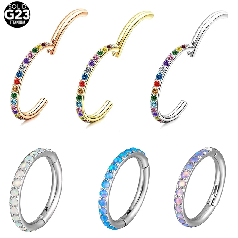 1PS 8-12 mm G23 Titanium CZ Opal Hinged Pitch Ring Nose Ring Open Small Nasal Septum Cartilage Women Earring Perforated Jewelry