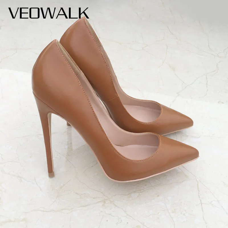 Veowalk Light Brown Women Classic Pointed Toe High Heels Elegant Ladies Slip on Stilettos Pumps Italian Style OL Dress Shoes