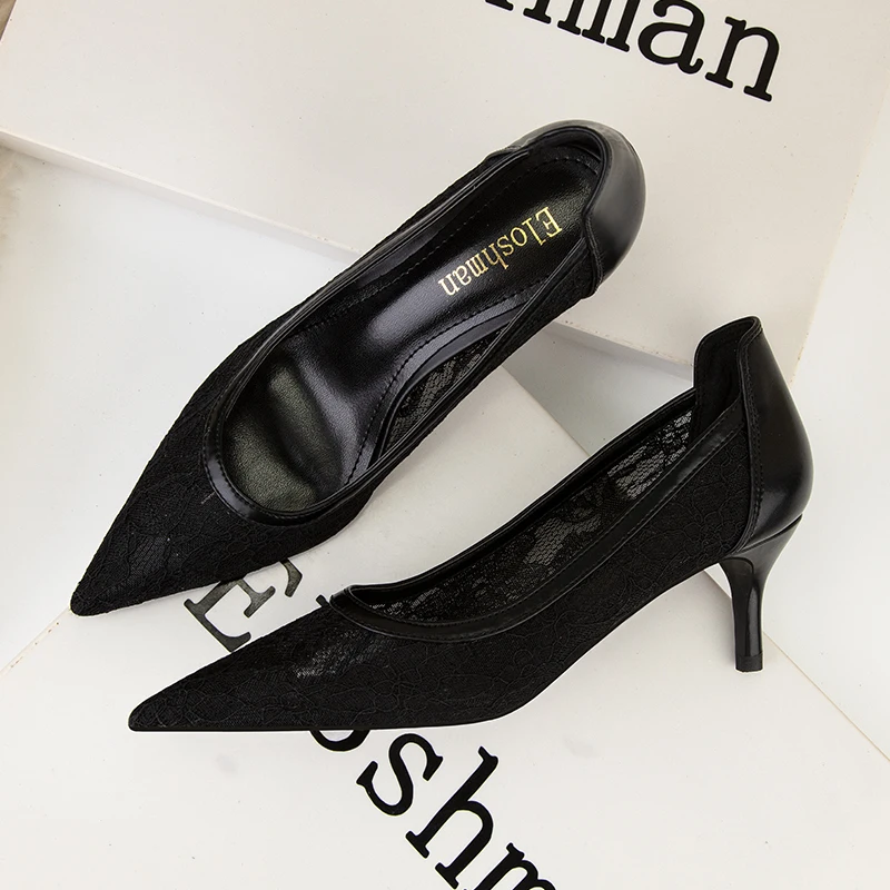 Sexy Party High Heel Shallow Pointed Side Hollow Water Drill Lace Women's Single Shoes Wedding Shoes Large Size Female Shoes