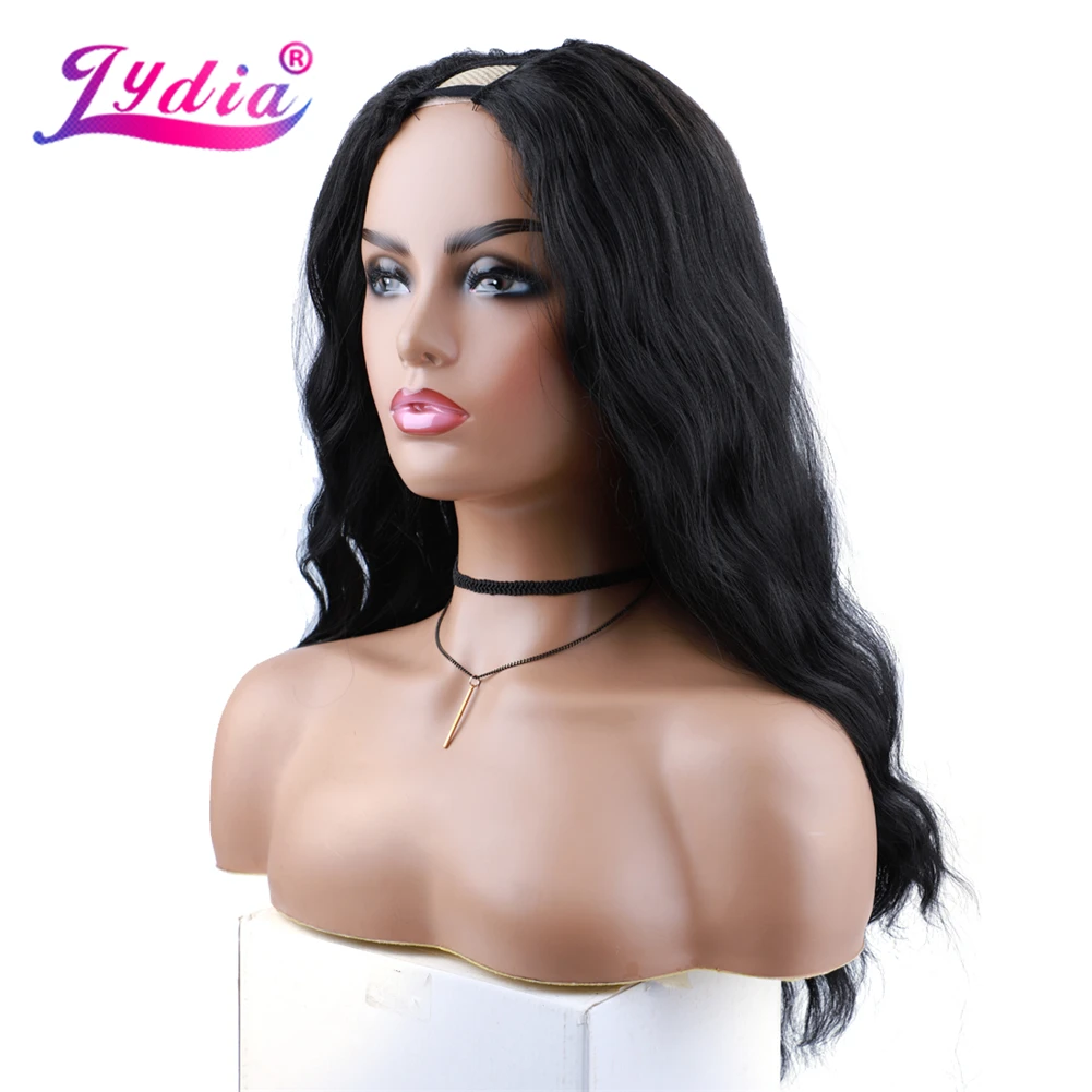 Lydia Long Wave U Teil schwarze Farbe Haar Perücke hitze beständige synthetische 22 Zoll für Frauen Damen lockige 60cm tägliche Perücken – Detail 3