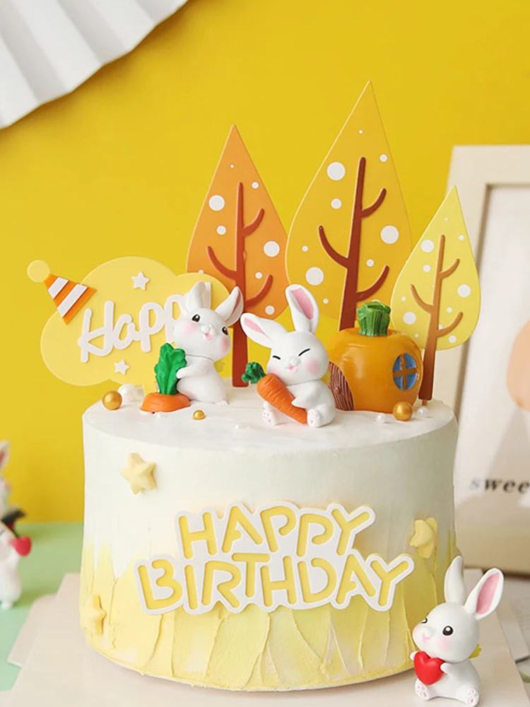 Rabbit Birthday Anim Cake Topper Happy Birthday Kid Rabbit Carrots Heart Baby Kid Favors Animals Party Cakes Baby Shower Gifts